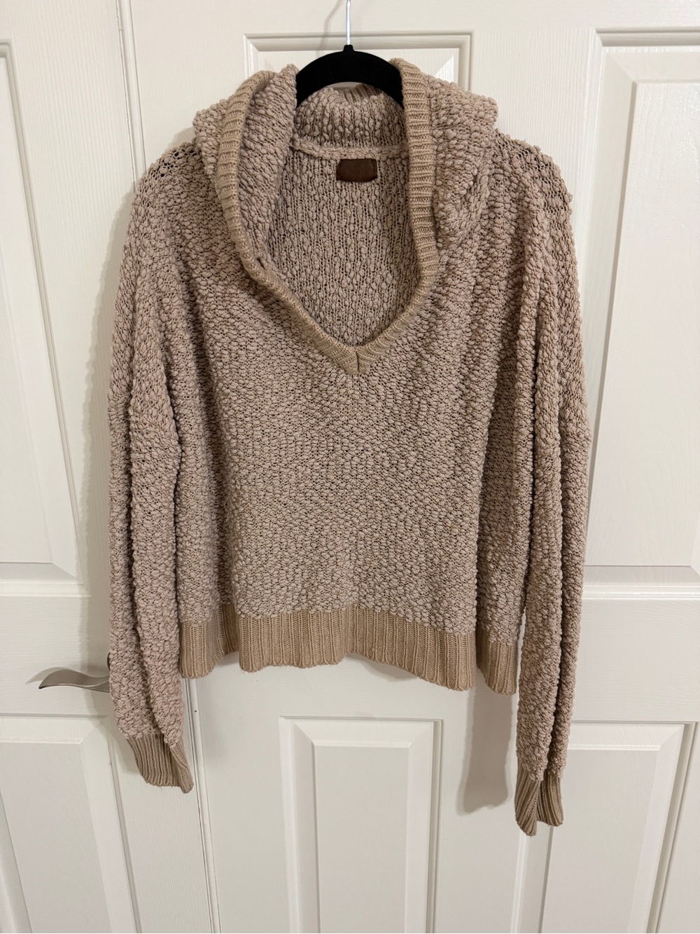 POL M Taupe Popcorn Knit Hooded Sweater High Low Oversized Boho Cozy